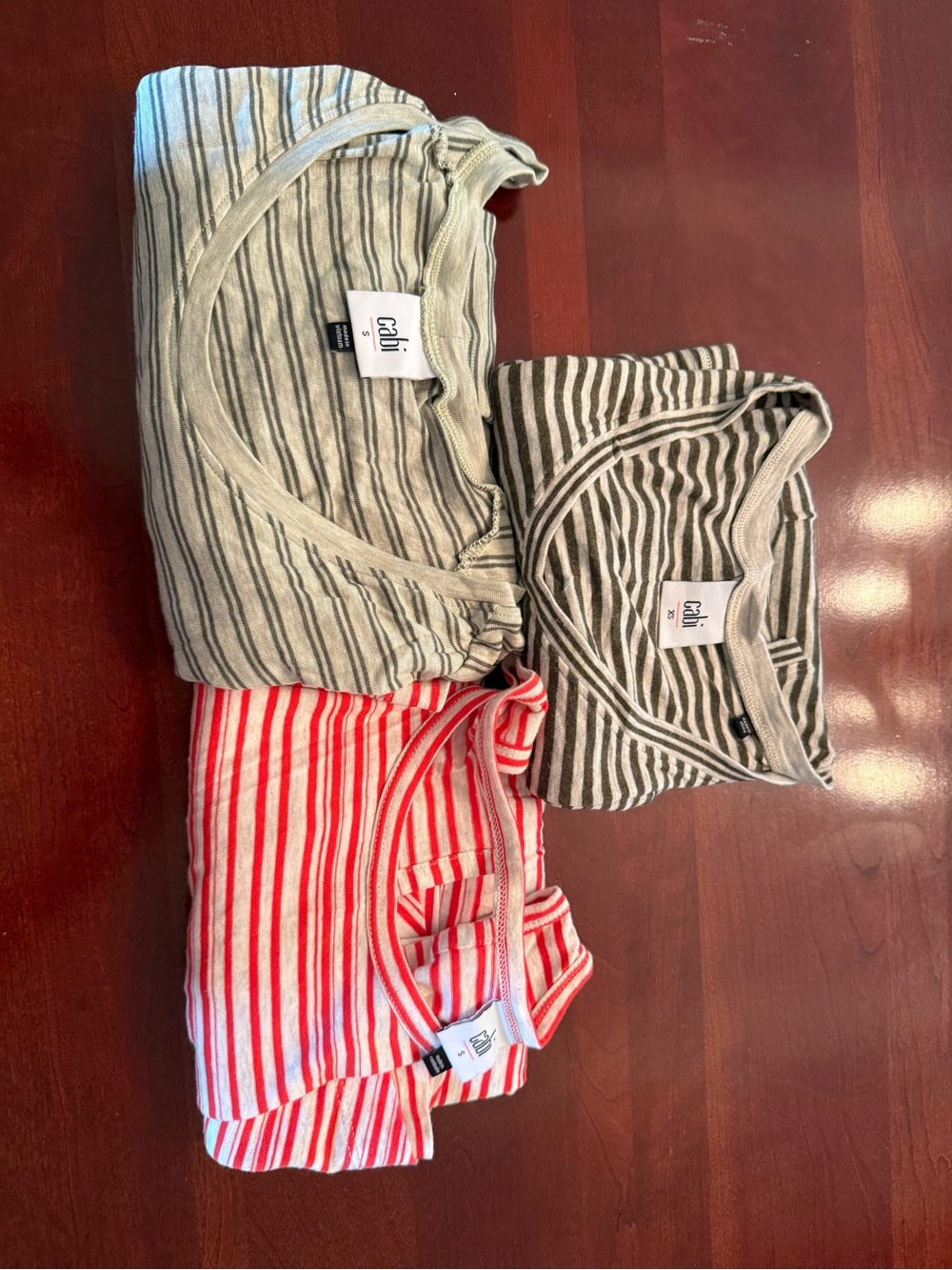 CAbi Strupe Tee Trio - Red, Light Gray, Olive Stripes